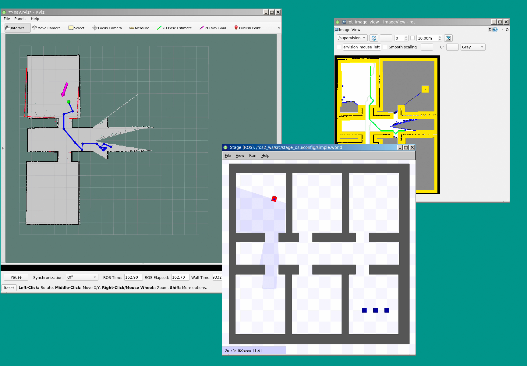 Another screenshot of the robot exploring its world. The map has updated to reflect the new information the robot has obtained about its environment as it explored the last path planned.